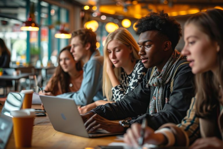 A diverse group of college students in a café, with a Black man and three women working on a laptop, Generative AI