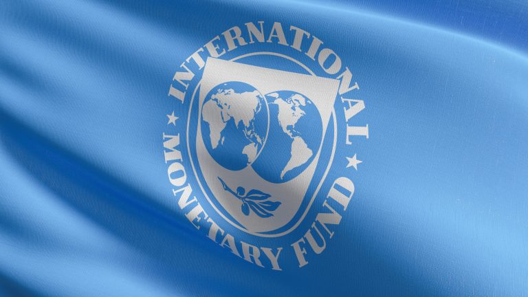 Flag of International Monetary Fund or IMF, an international organization that aims to promote international trade and monetary cooperation and the stabilization of exchange rates