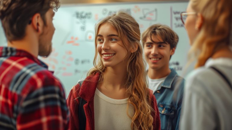 Happy students having fun and talking to each other in the office of their university