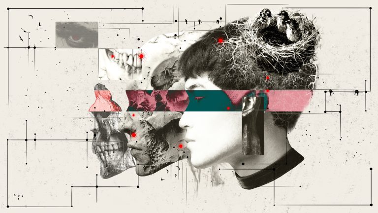 Surreal collage of male profile with skull, abstract elements, bird nest in monochrome and color palette. Conceptual art. Exploring the theme of existence