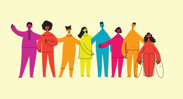 Group of people men, women are standing together. Concept of diversity, equality, tolerance, multicultural society. Vector set of multicultural people