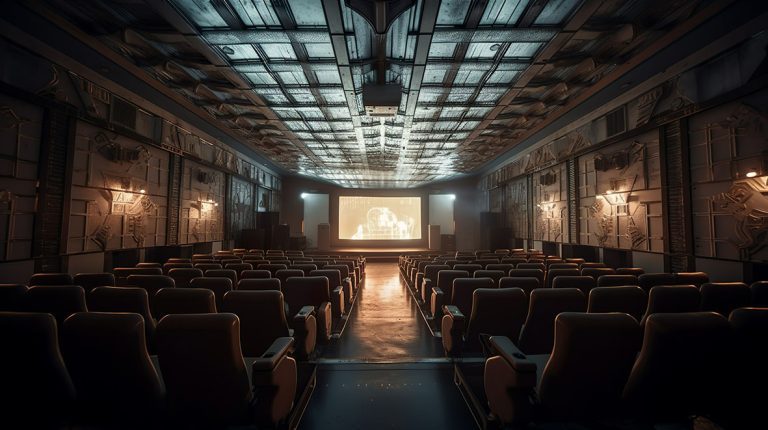 Futuristic theater screening hall with seats and movie screen in