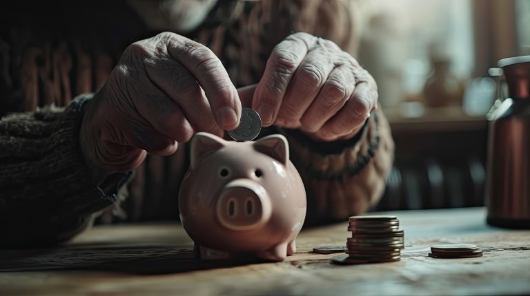 Senior Man Saving Money in Piggy Bank