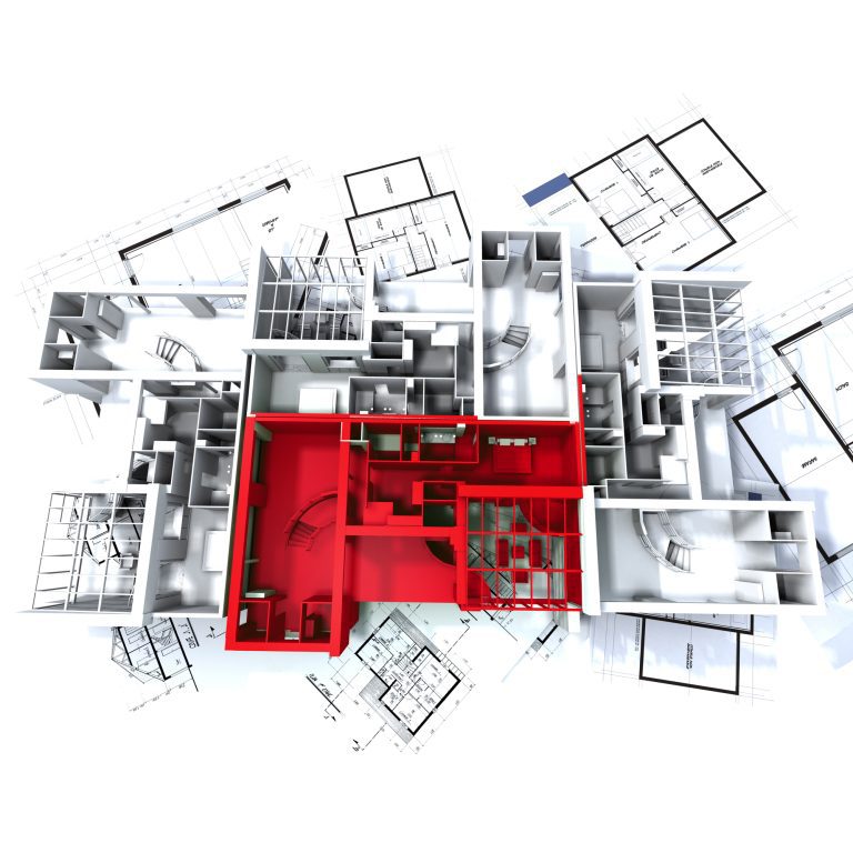 Red apartment mockup on blueprints