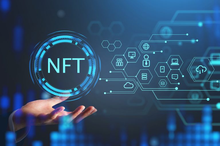 Side view of businessman hand, palm up, holding non-fungible token hologram, nft with network circuit