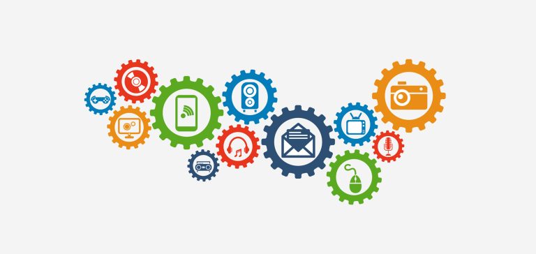 Technology mechanism concept. Abstract background with integrated gears and icons for digital, strategy, internet, network, connect, communicate, social media  global concepts. Vector infographic